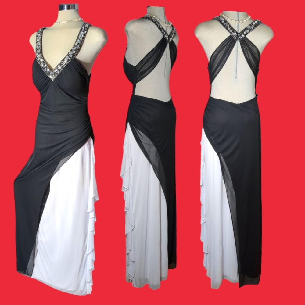 BLONDIE Luxury Designer Black and White Beaded Gown Open Back Dress Size 13